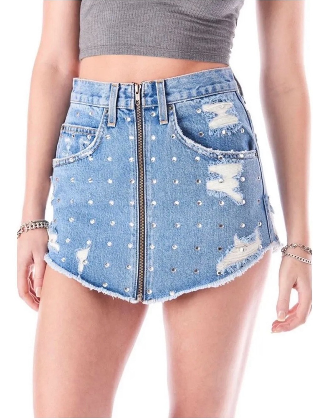 LF Light Blue Denim Mini Skirt with Pearl Studs and Front Zip